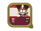 Dog pâté with beef and poultry, featuring a cartoon dog.