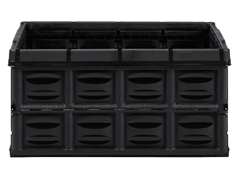 Black foldable storage crate on a black background.