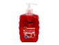 Red liquid handwash with a pump, featuring pomegranate scent and moisturising properties.