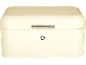 Cream-colored bread bin with a handle and a decorative knob.