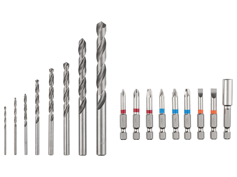 An assortment of metal drill bits and screwdriver bits in various sizes.