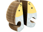 Corrugated cardboard cat scratcher shaped like two fish with yellow and blue details.