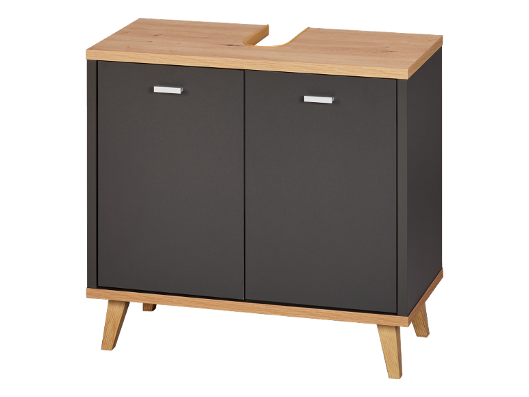 Bathroom furniture with washbasin, light wood cabinet and grey doors