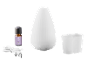 White aroma diffuser with lavender essential oil, USB cable, and measuring cup.