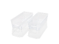 Two clear plastic storage bins with handles, ideal for organizing refrigerators or pantries.