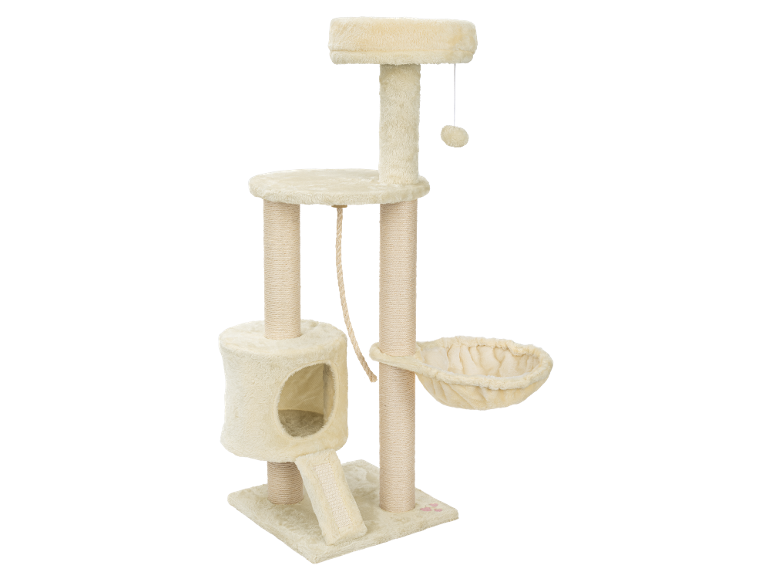 Cream-colored cat tree with multiple levels, a basket, and a dangling toy.