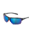 Sports sunglasses with blue mirrored lenses and the inscription 'Made in China'.