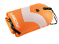 Orange swimming buoy with air valve and black straps.