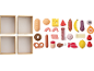 Wooden boxes with an assortment of toy food: bread, cheese, fruit, meat, and sweets.