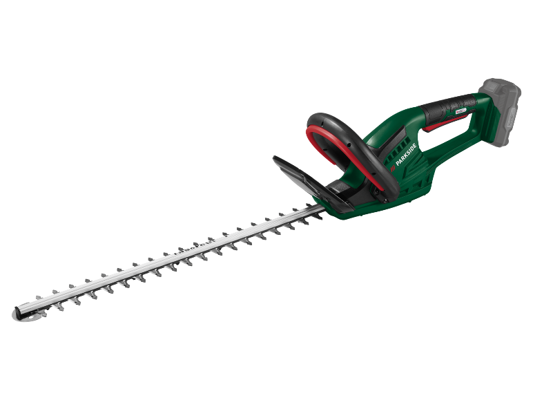 Cordless hedge trimmer with a long blade and black handle on a black background.