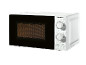 White microwave oven with a black door and two control dials, one for power and one for time.