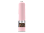 Pink electric pepper mill with a transparent chamber filled with colorful peppercorns.