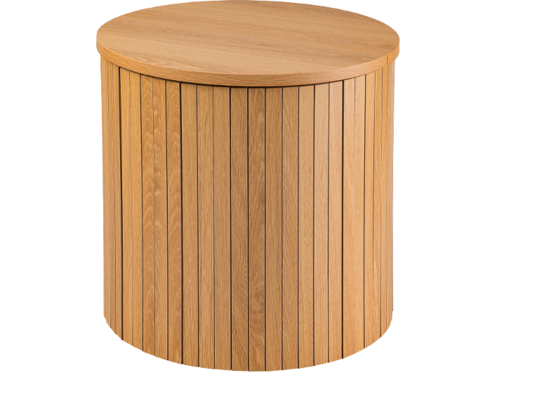 Round wooden table with vertical slats.