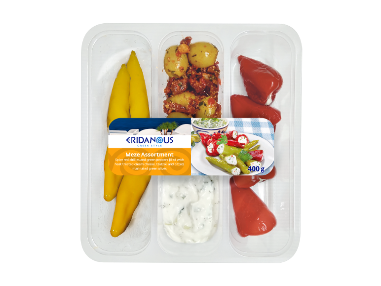 Meze assortment with spicy red chillies, green peppers, tzatziki, and marinated olives, 400g.
