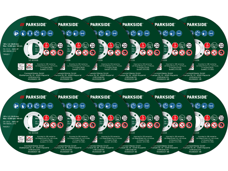Multiple green grinding discs with safety symbols and product information.
