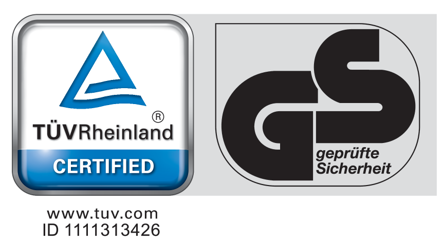 Certified seal: www.tuv.com ID 1111313426, GS geprüfte Sicherheit.
