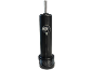 Black beverage dispenser with chrome tap and lever, on a base with a grate.
