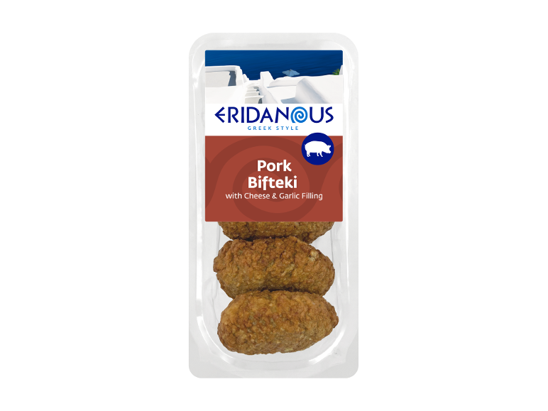 Packaged pork bifteki with cheese and garlic filling