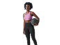 Woman in a purple sports bra and black leggings, holding a medicine ball.