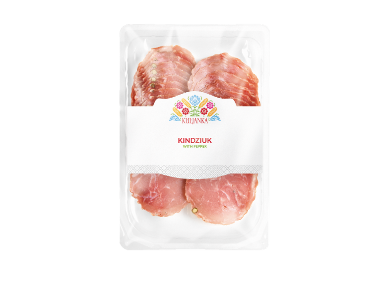 Packaged sliced cured meat, Kindziuk with pepper, featuring a folk-inspired label.