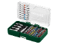 Screwdriver bit set with various bits, nut setters, and a bit holder in a green case.