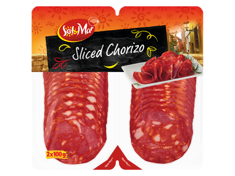 Packaging of sliced chorizo, with two packs of 100g each, and a serving suggestion.