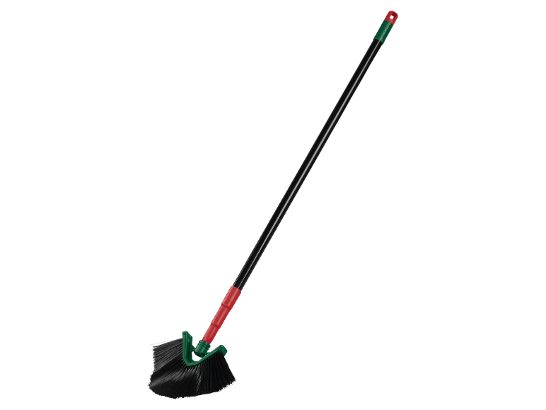 Ceiling broom with a black handle and a green and red head.
