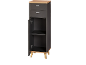 Dark grey storage cabinet with two drawers and a door, on light wooden legs.