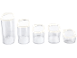 Five clear storage containers of various sizes with white lids.