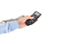 Hand holding a black remote control with a screen displaying 12:33.
