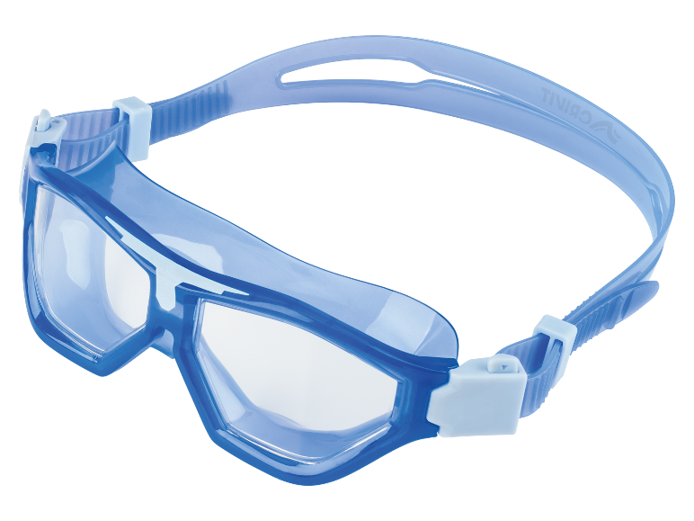 Blue swimming goggles with clear lenses and adjustable strap