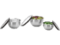 Three stainless steel bowls with lids, two filled with salad and peas.