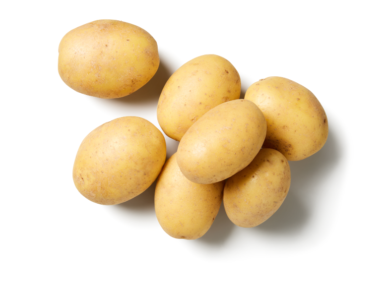 A group of fresh yellow-skinned potatoes on a white background.