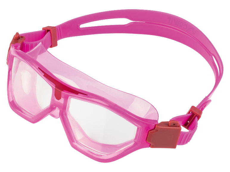 Pink swimming goggles with clear lenses and an adjustable strap