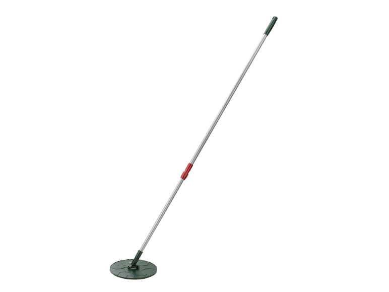 Garden spade with long handle and round green head