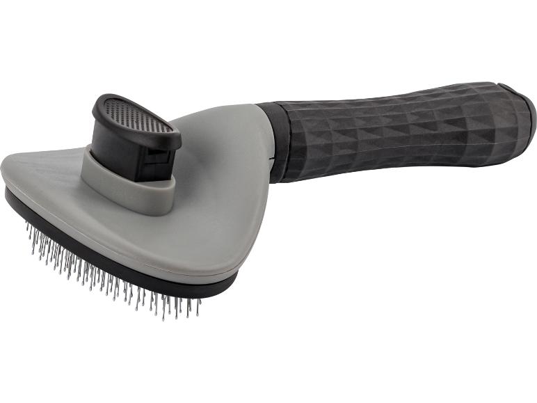 Gray pet brush with a black handle and metal bristles.