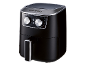 Black air fryer with silver accents, two control dials, and a digital display.