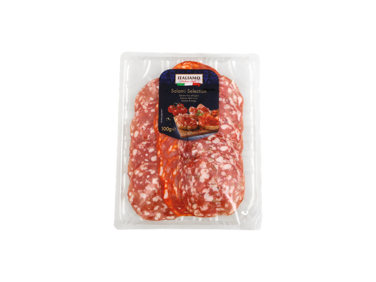 Pack of salami selection with garlic salami, ventricina, and bottega salami, 100g.