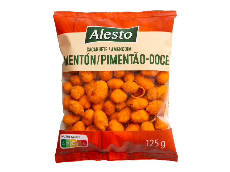 Bag of peanuts with sweet paprika, with Nutri-Score A and 125 g.