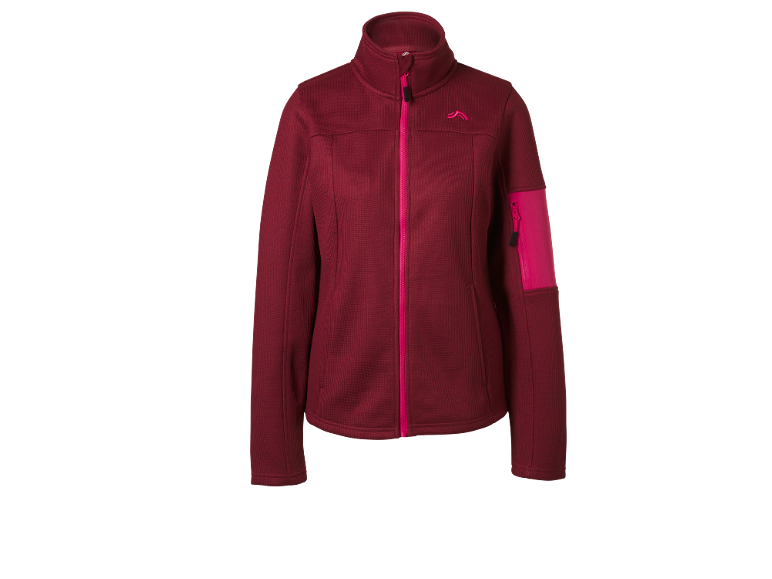 Women's burgundy fleece jacket with fuchsia zipper and sleeve detail.