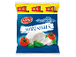 XXL mozzarella package with tomatoes and basil on a blue and yellow background.