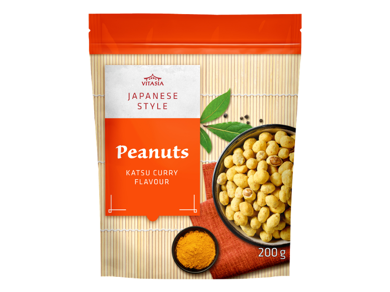 Japanese style peanuts with katsu curry flavour, 200 g packaging.