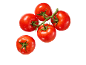 Five ripe red tomatoes with water droplets on a green vine.