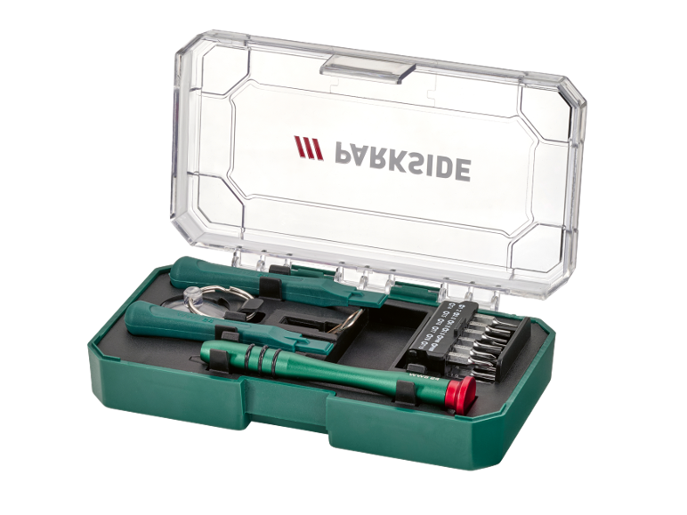 Electronics repair kit with screwdrivers and tools in a green case.