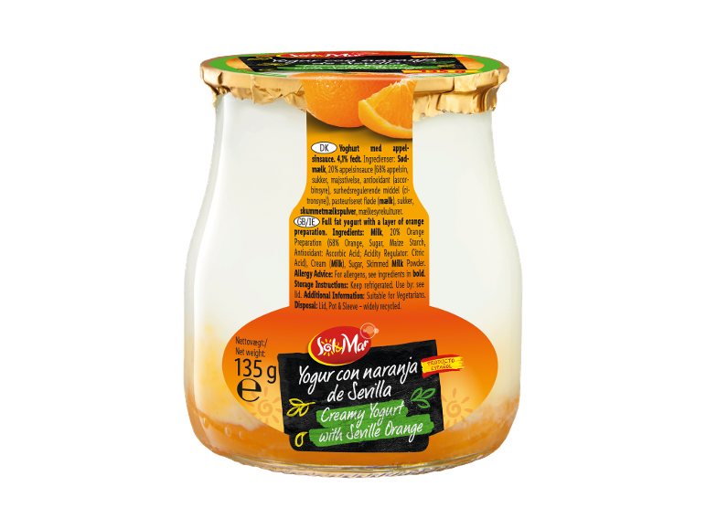 Creamy yogurt with Seville orange in a glass jar with an orange label.