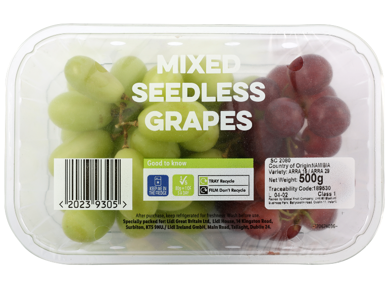 Packaged mixed seedless grapes, 500g, origin Namibia.