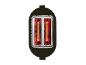 Black toaster with two toasted bread slices and red heating elements.