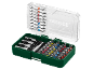Screwdriver bit set with various bits, nut setters, and a bit holder in a green case.
