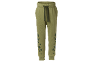 Olive green kids' sweatpants with an elastic waistband and drawstring, decorated with dark spots.