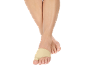 Crossed legs with a beige bunion corrector on the right foot.